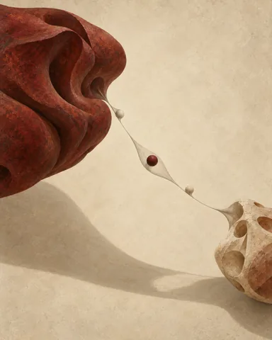 Oxblood and ivory forms suspended in delicate balance