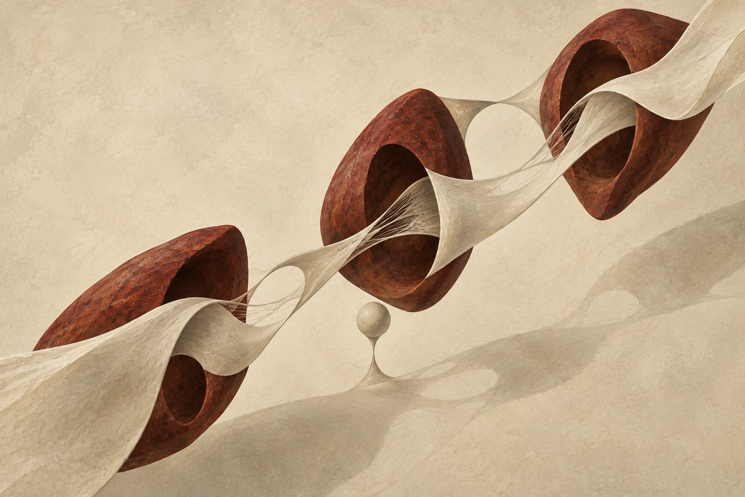 A continuous ivory membrane passing through suspended terracotta forms