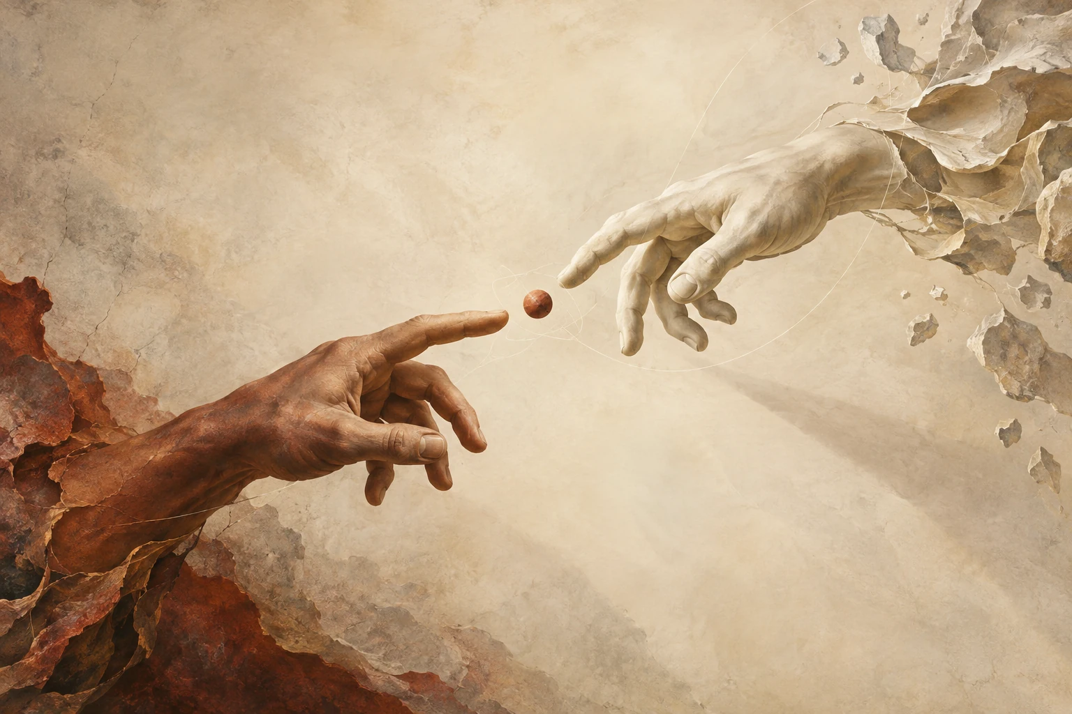 Two sculptural hands reach across an open space toward a suspended terracotta sphere