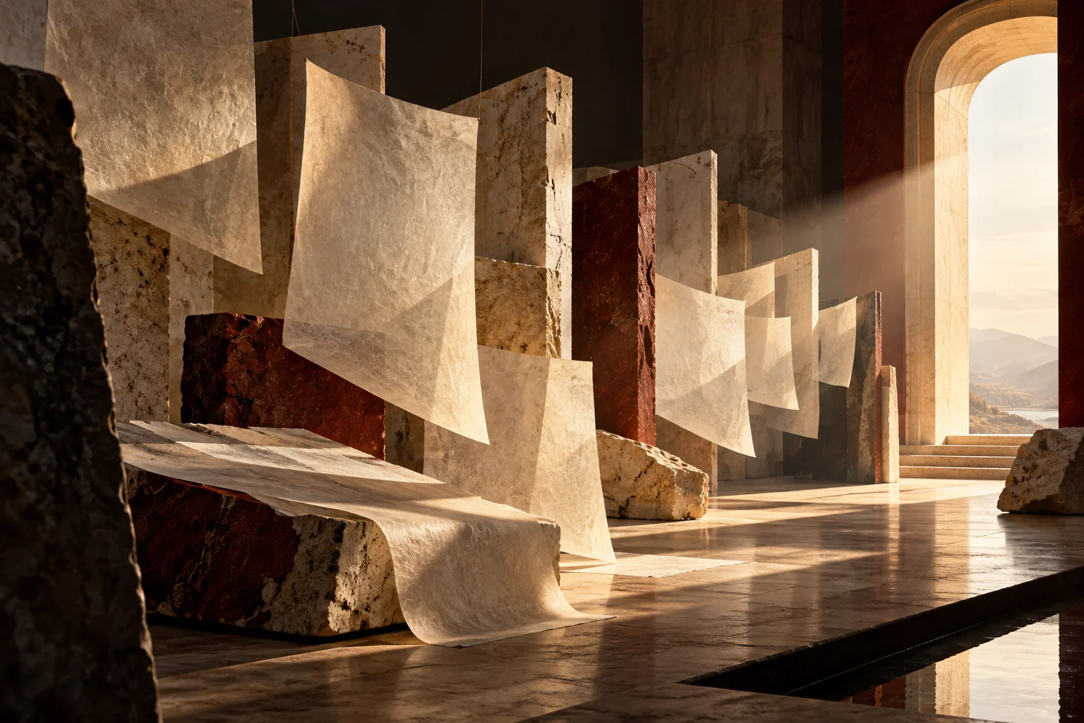 Architectural study of layered stone thresholds and light